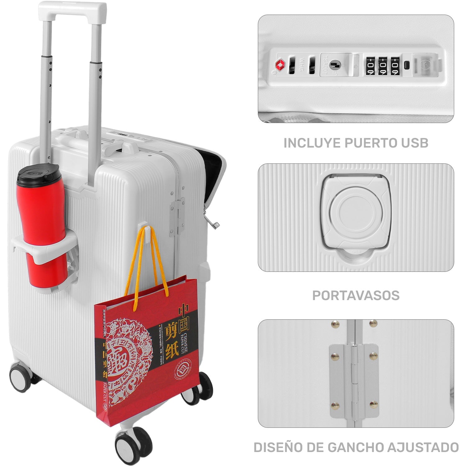 Maleta Cabina Porta Vasos 4 Ruedas Equipaje Doble Seguridad blanca