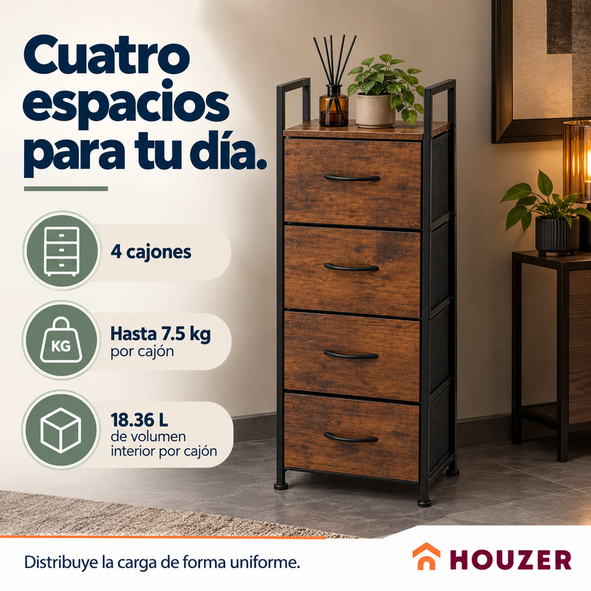 Comoda Cajonera Vertical 4 Cajones Organizador Ropa Recamara Country