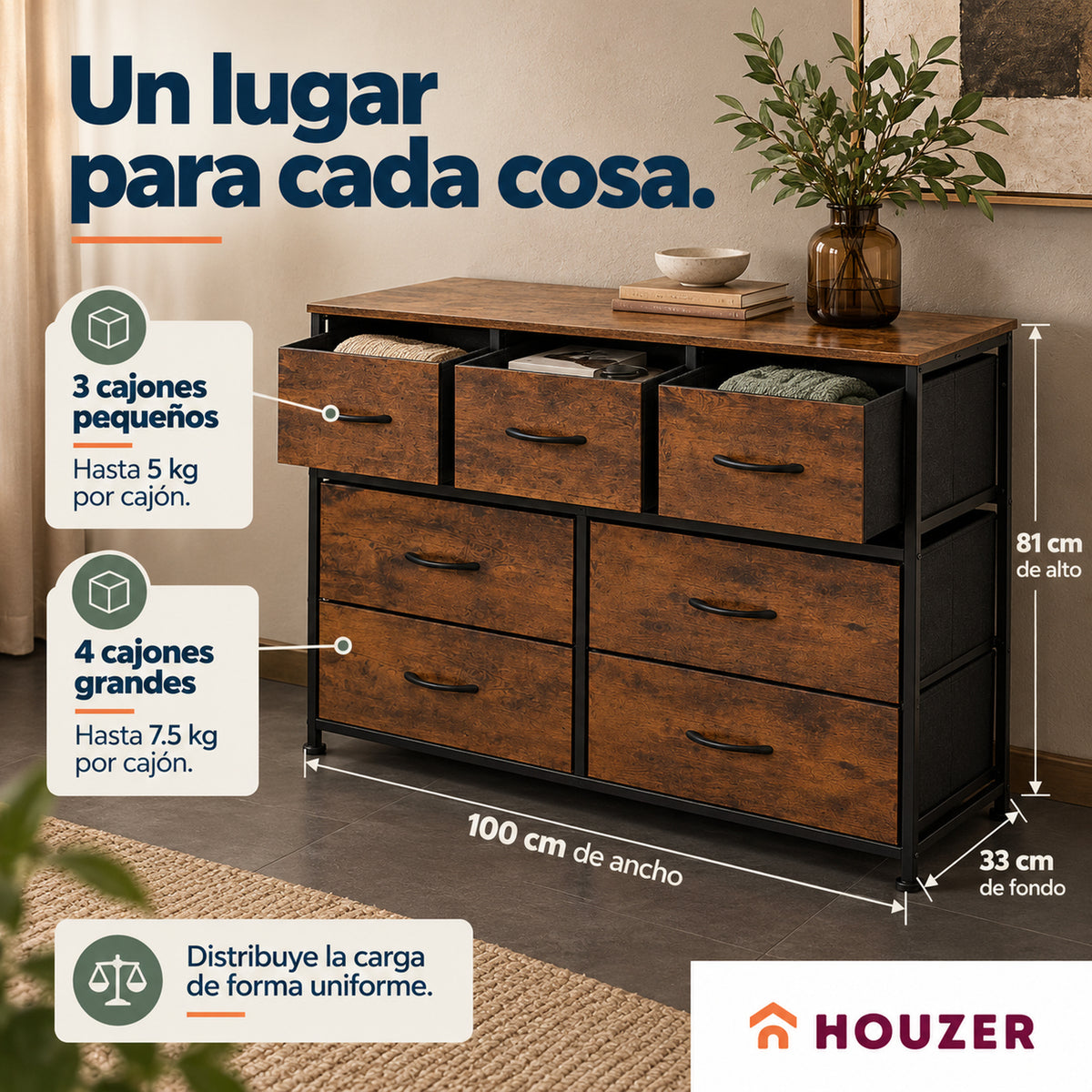 Comoda Cajonera Horizontal 7 Cajones Organizador Recamara Country