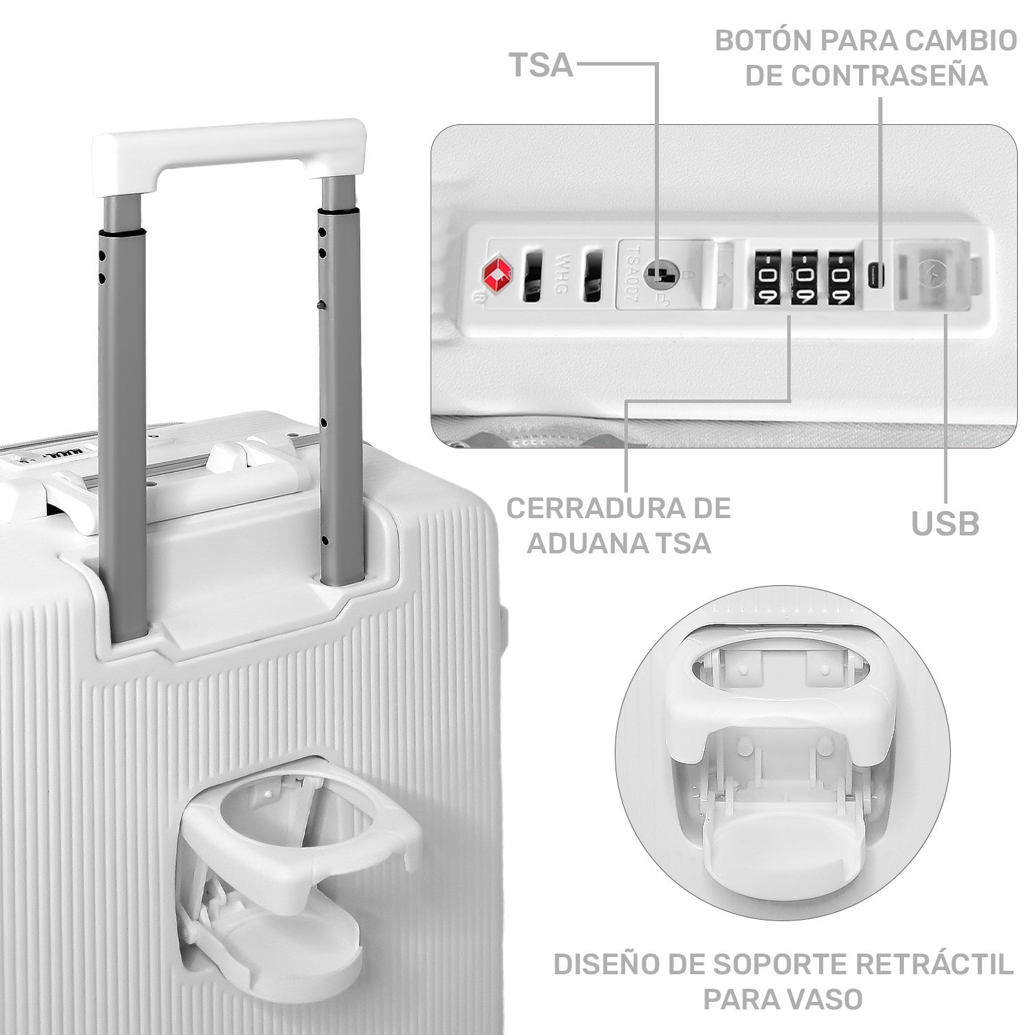 Maleta Cabina Porta Vasos 4 Ruedas Equipaje Doble Seguridad blanca
