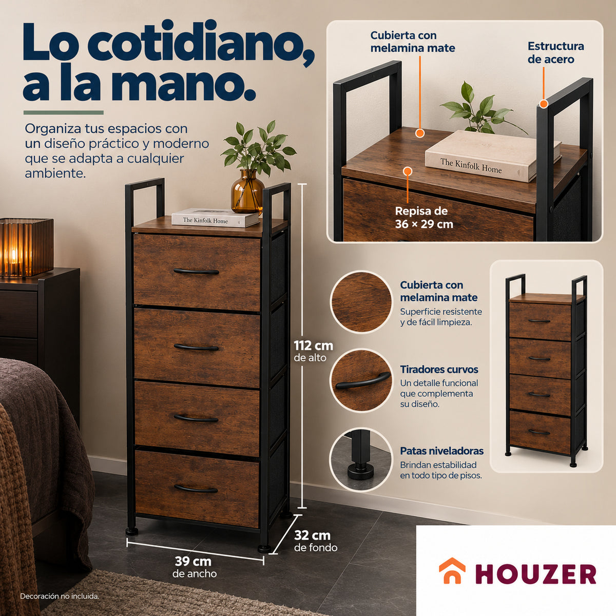 Comoda Cajonera Vertical 4 Cajones Organizador Ropa Recamara Country
