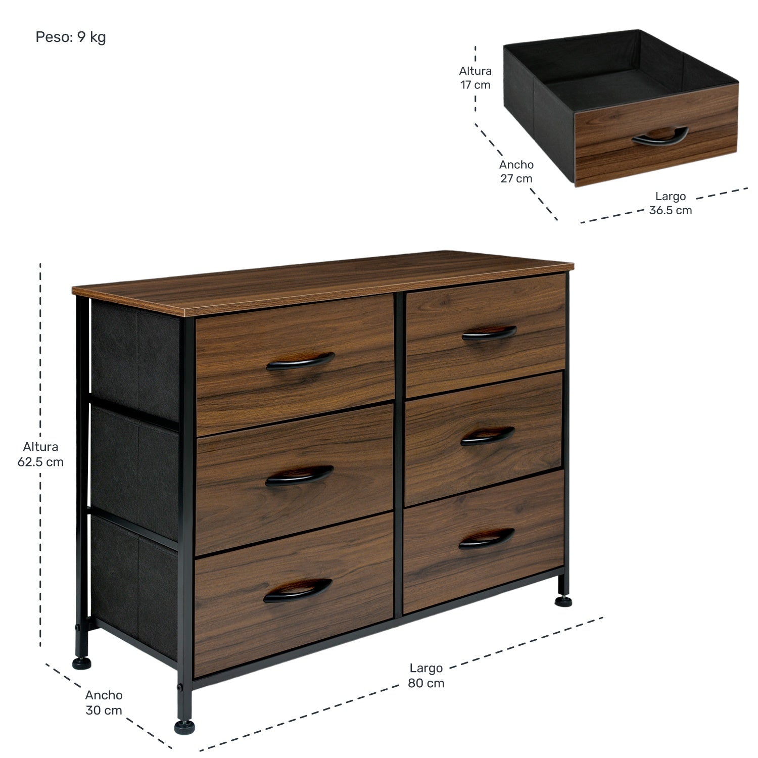 Comoda Mueble 5 Cajoneras Metal Organizador Madera