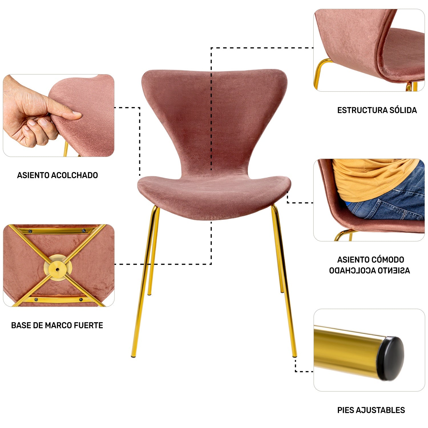 Silla Terciopelo Comedor Tapizada Minimalista Rosa