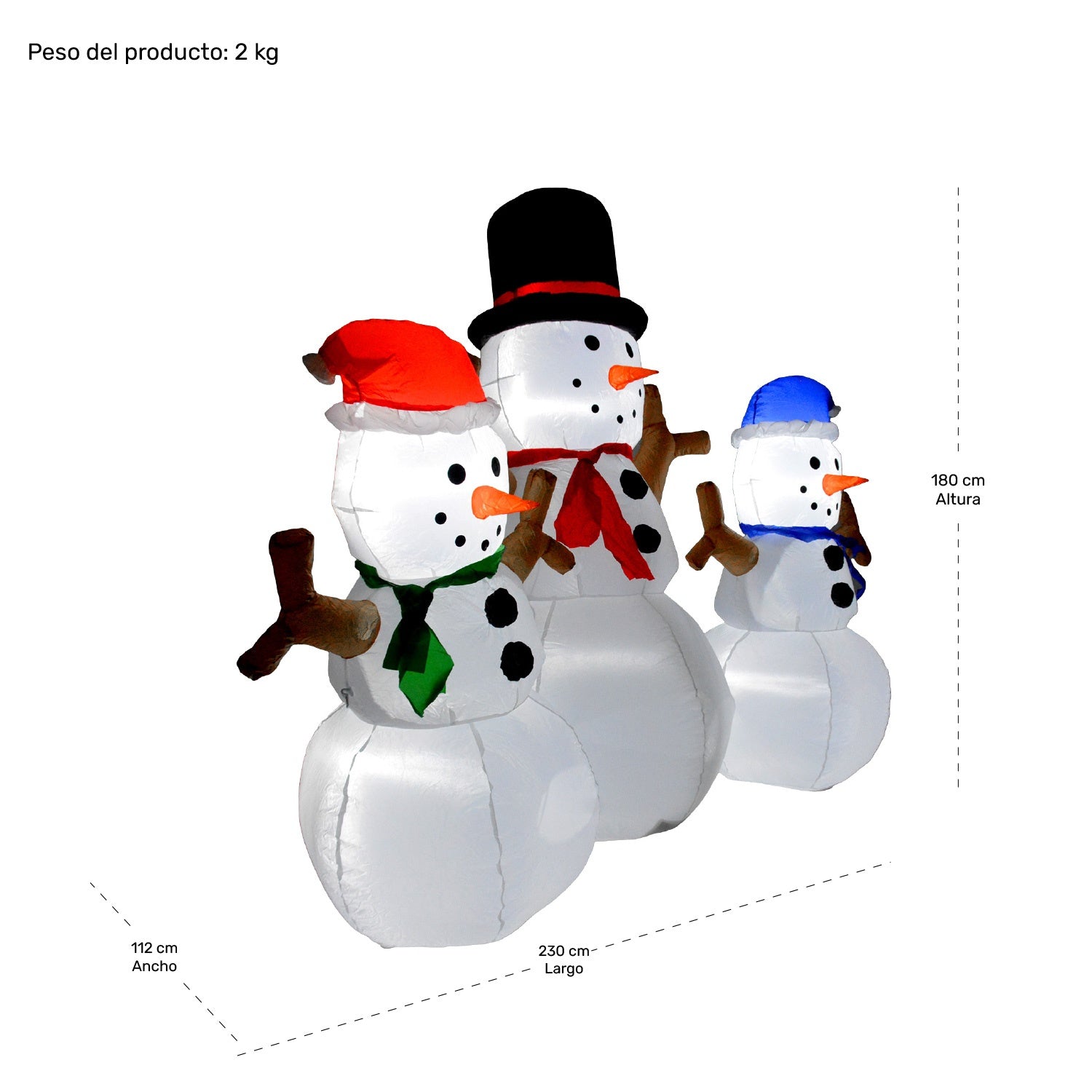 Inflable Navidad 3 Muñecos Nieve 2.30m Exterior Luz Led