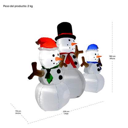 Inflable Navidad 3 Muñecos Nieve 2.30m Exterior Luz Led