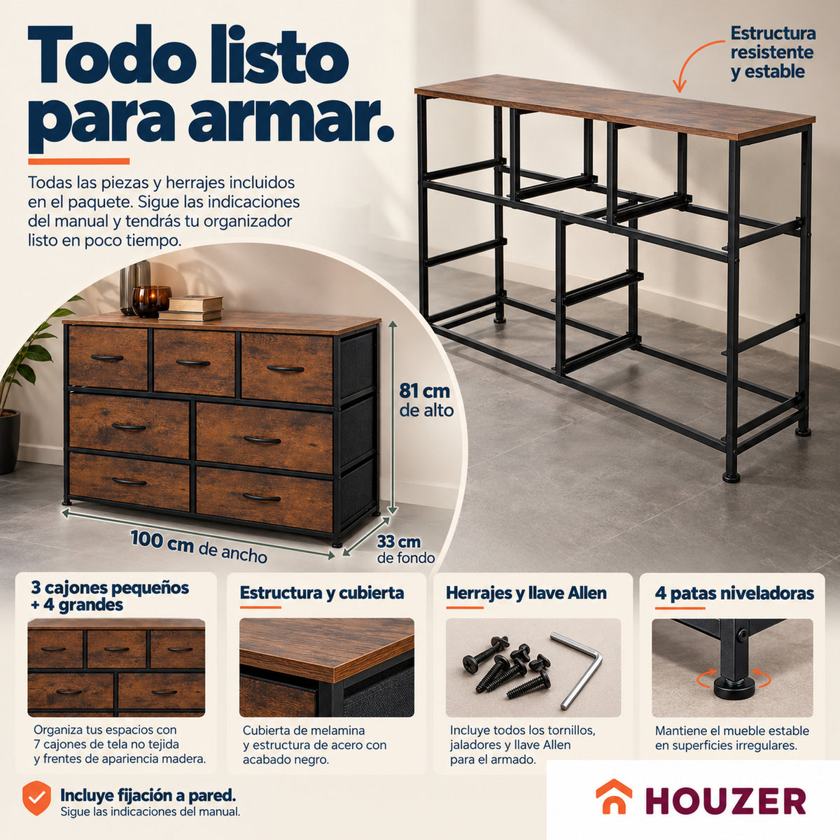 Comoda Cajonera Horizontal 7 Cajones Organizador Recamara Country