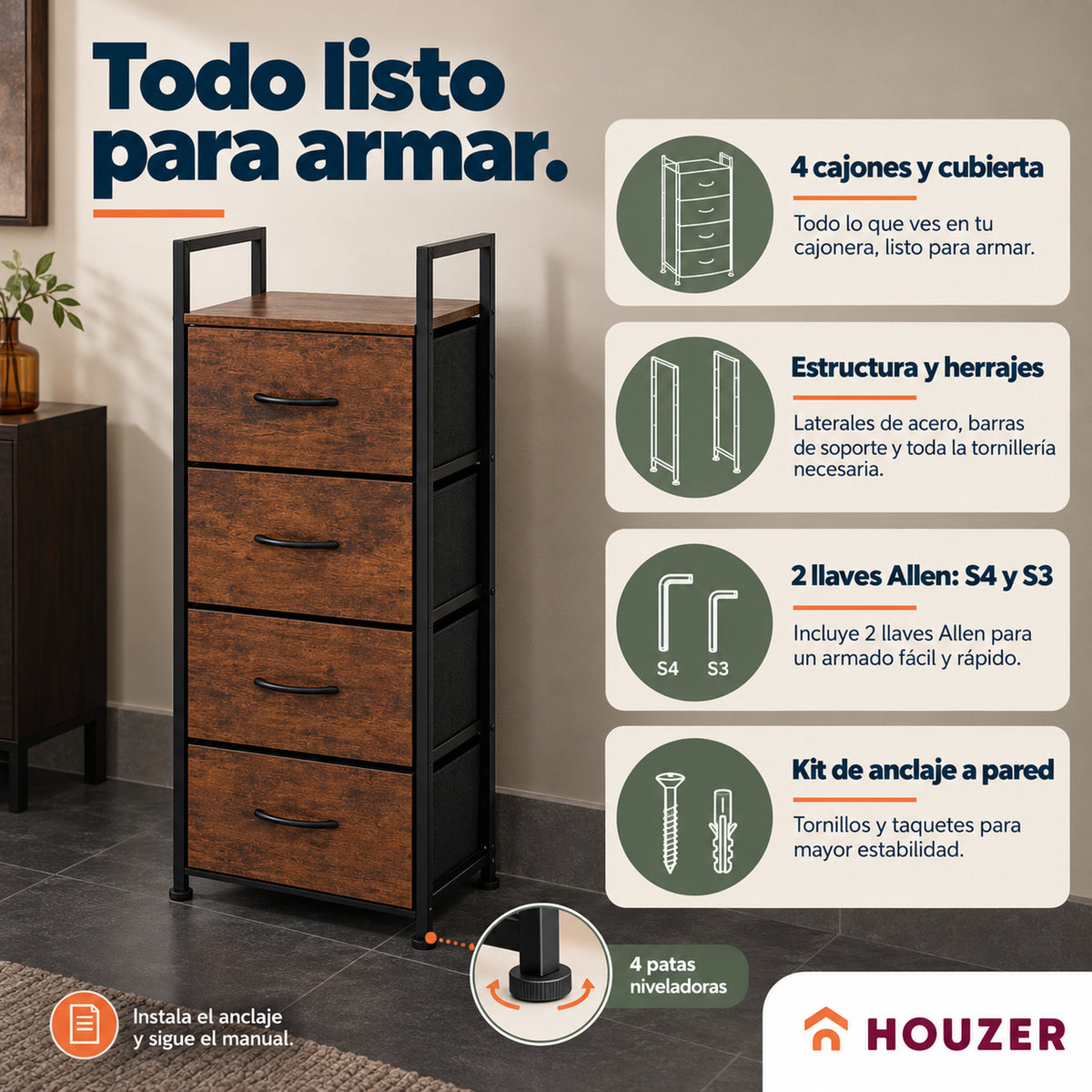 Comoda Cajonera Vertical 4 Cajones Organizador Ropa Recamara Country