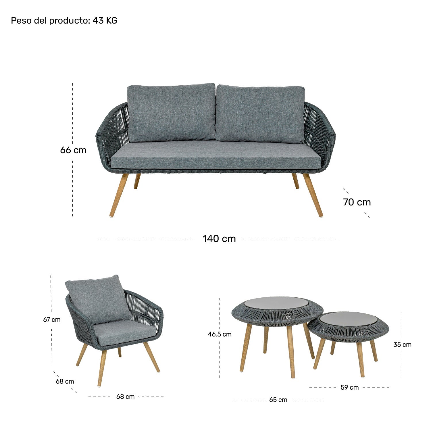 Sala Exterior Tejida Terraza Jardin 5 Pz Negro Mesa Doble