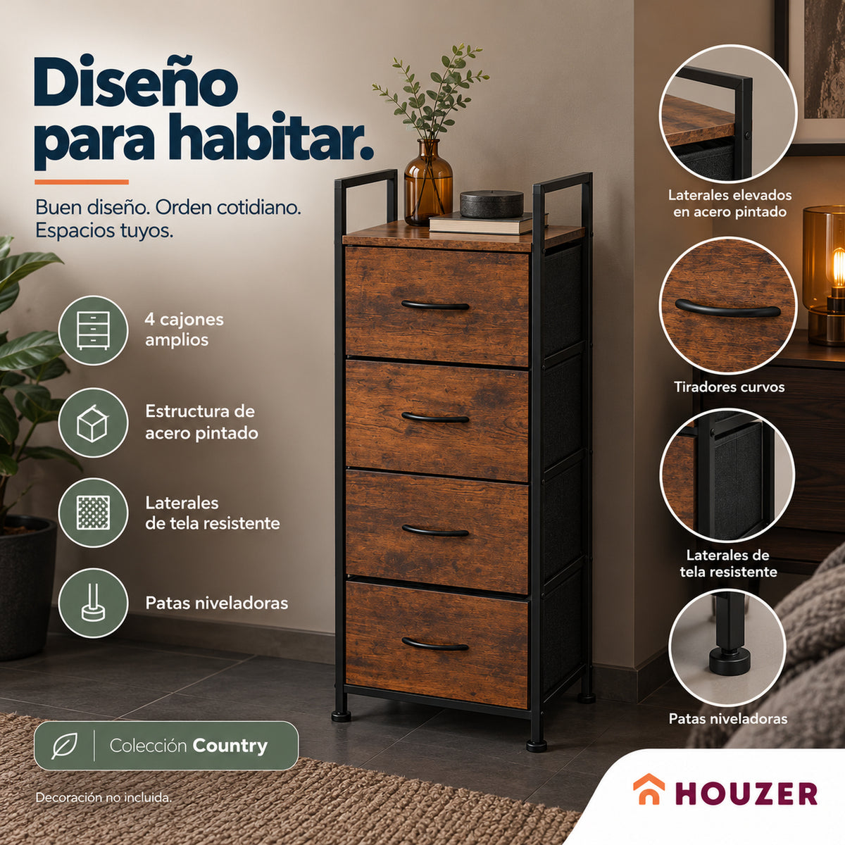 Comoda Cajonera Vertical 4 Cajones Organizador Ropa Recamara Country