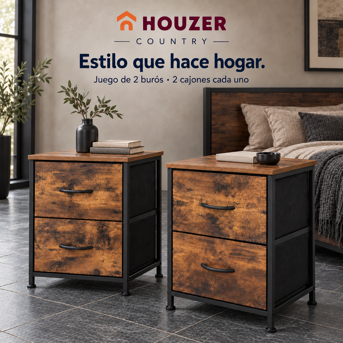 Set De 2 Buros Mesas De Noche 4 Cajones Organizador Acero Country