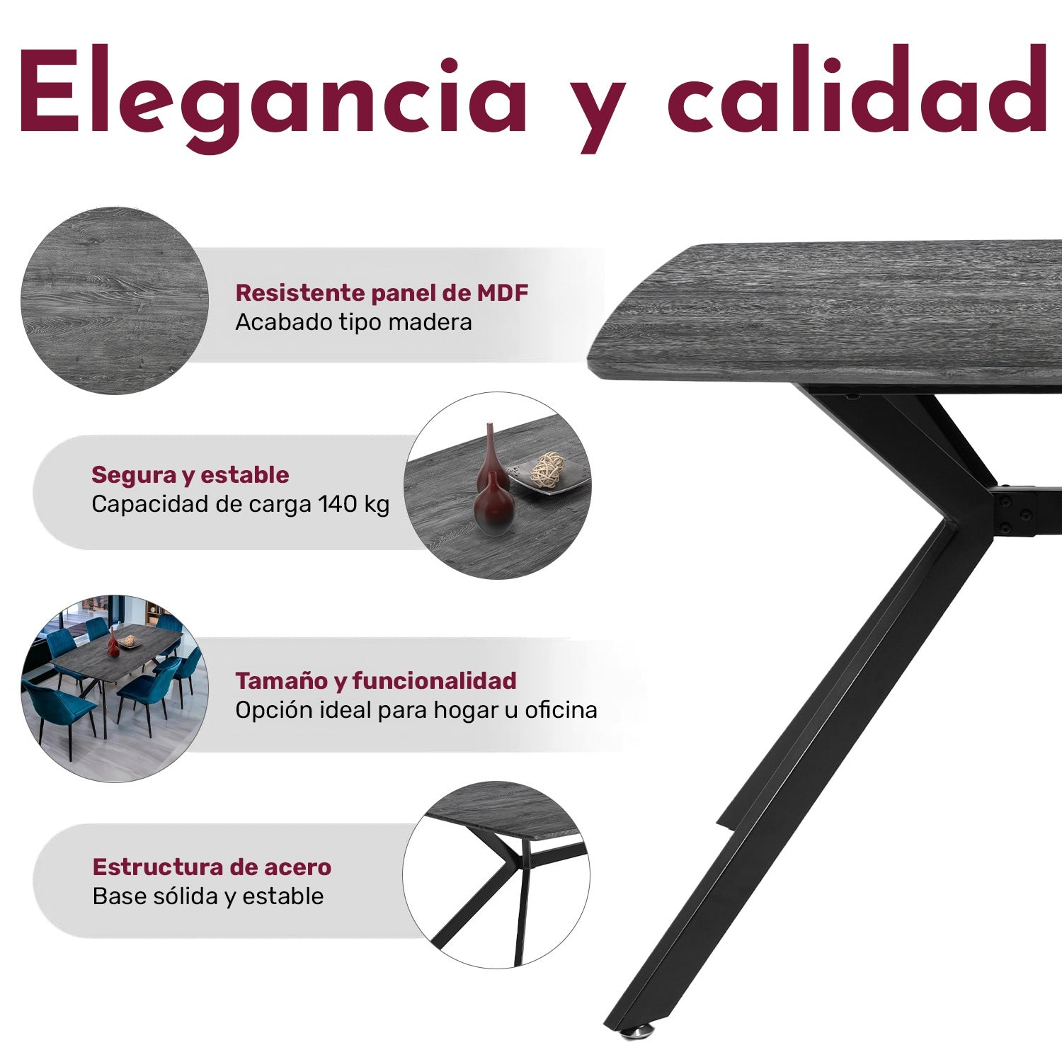 Mesa Comedor 6 Pers Nordico Gris Hogar Lujo 180x90x73