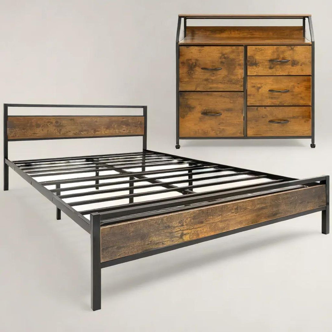 Base Cama Queen Recamara + Comoda 5 Cajones Country Moderno
