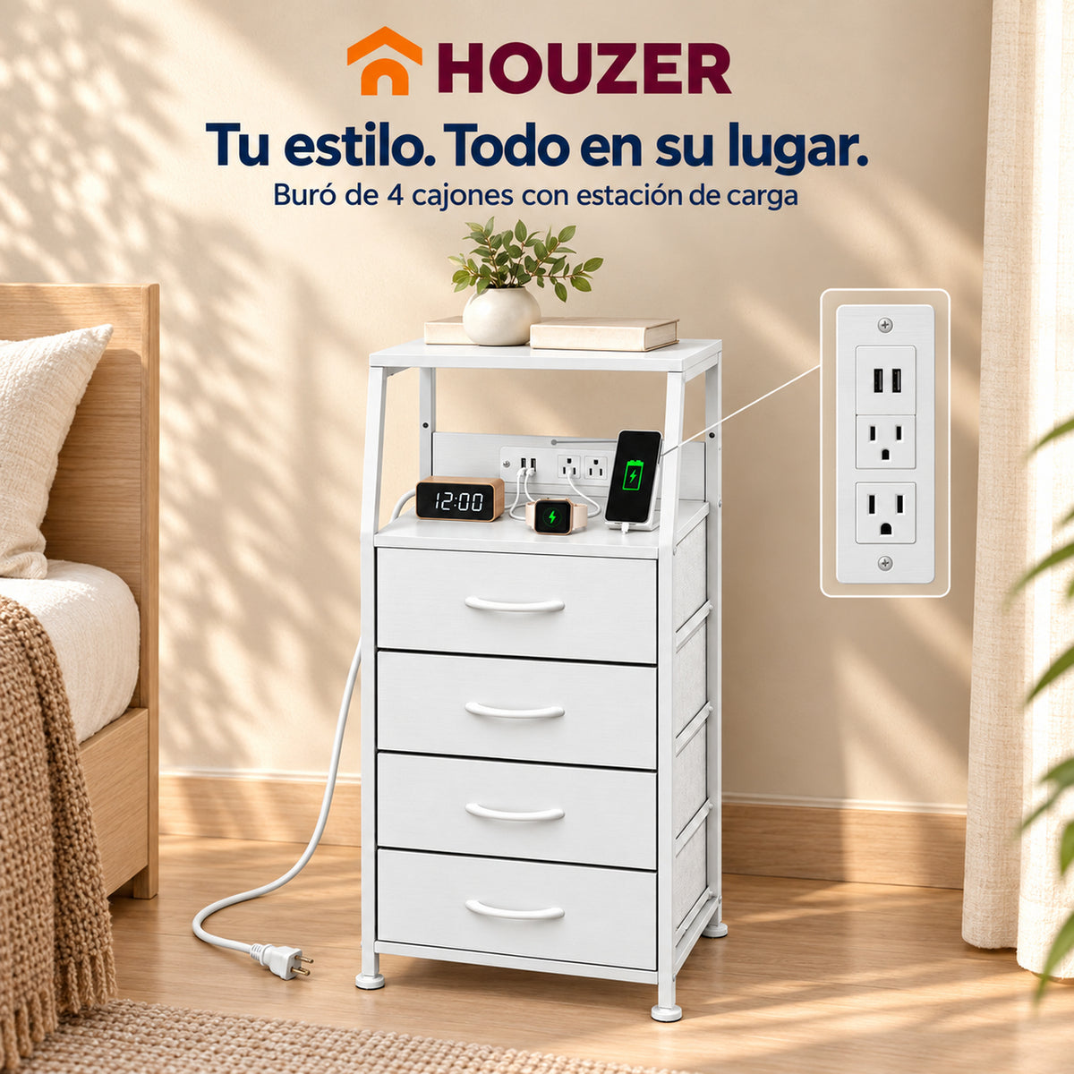 Buro Alto Mesa Noche 4 Cajones Organizador Enchufe Electrico Mate Nórdico
