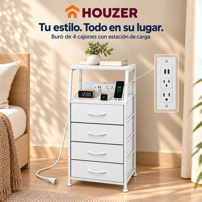 Buro Alto Mesa Noche 4 Cajones Organizador Enchufe Electrico Mate Nórdico