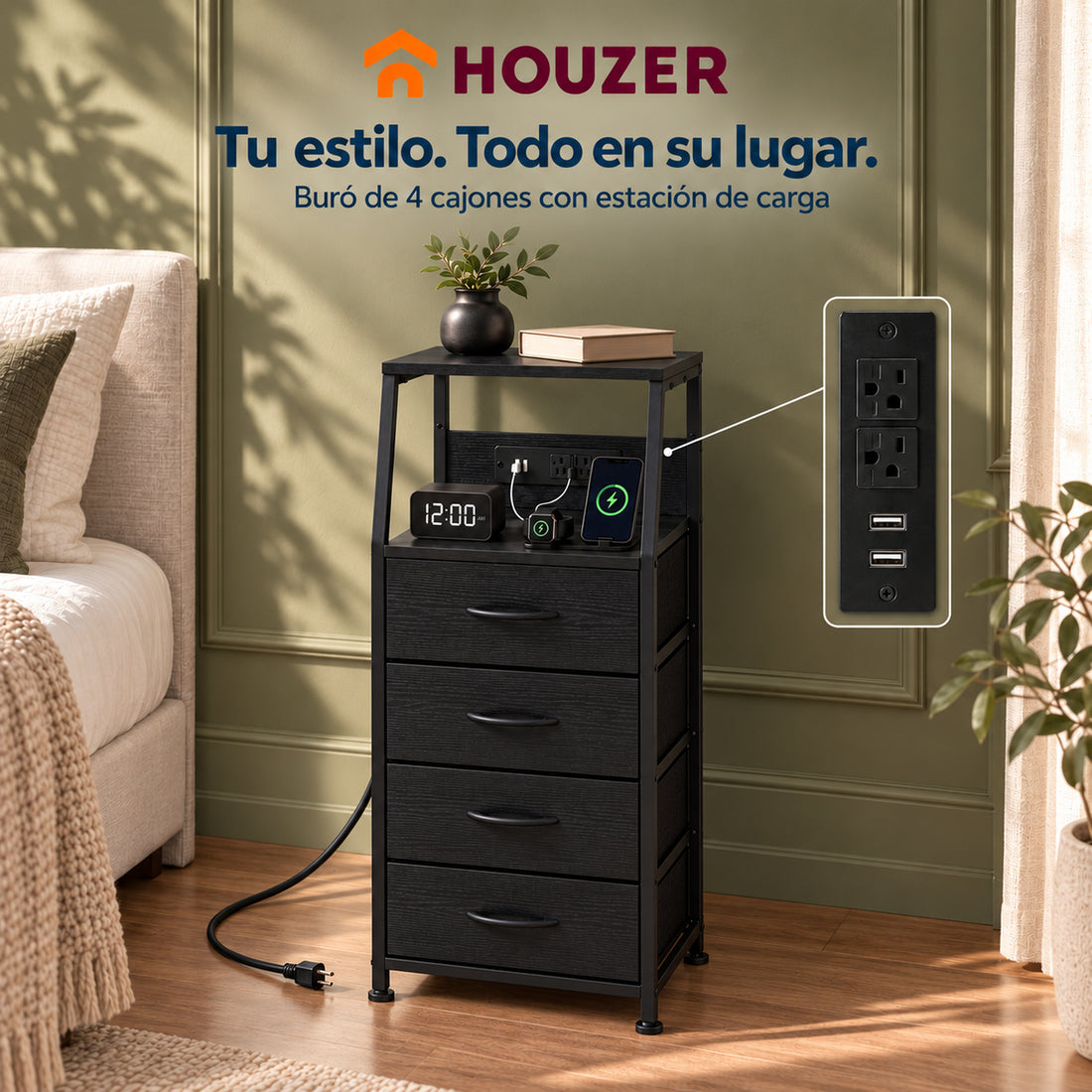 Buro Alto Mesa Noche 4 Cajones Organizador Enchufe Electrico Mate Volcano