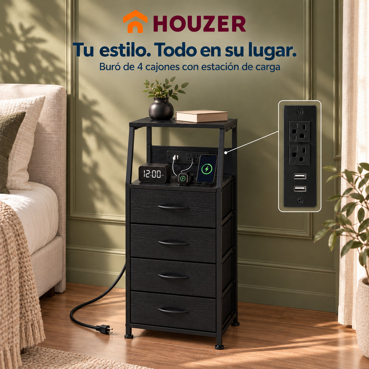Buro Alto Mesa Noche 4 Cajones Organizador Enchufe Electrico Mate Volcano