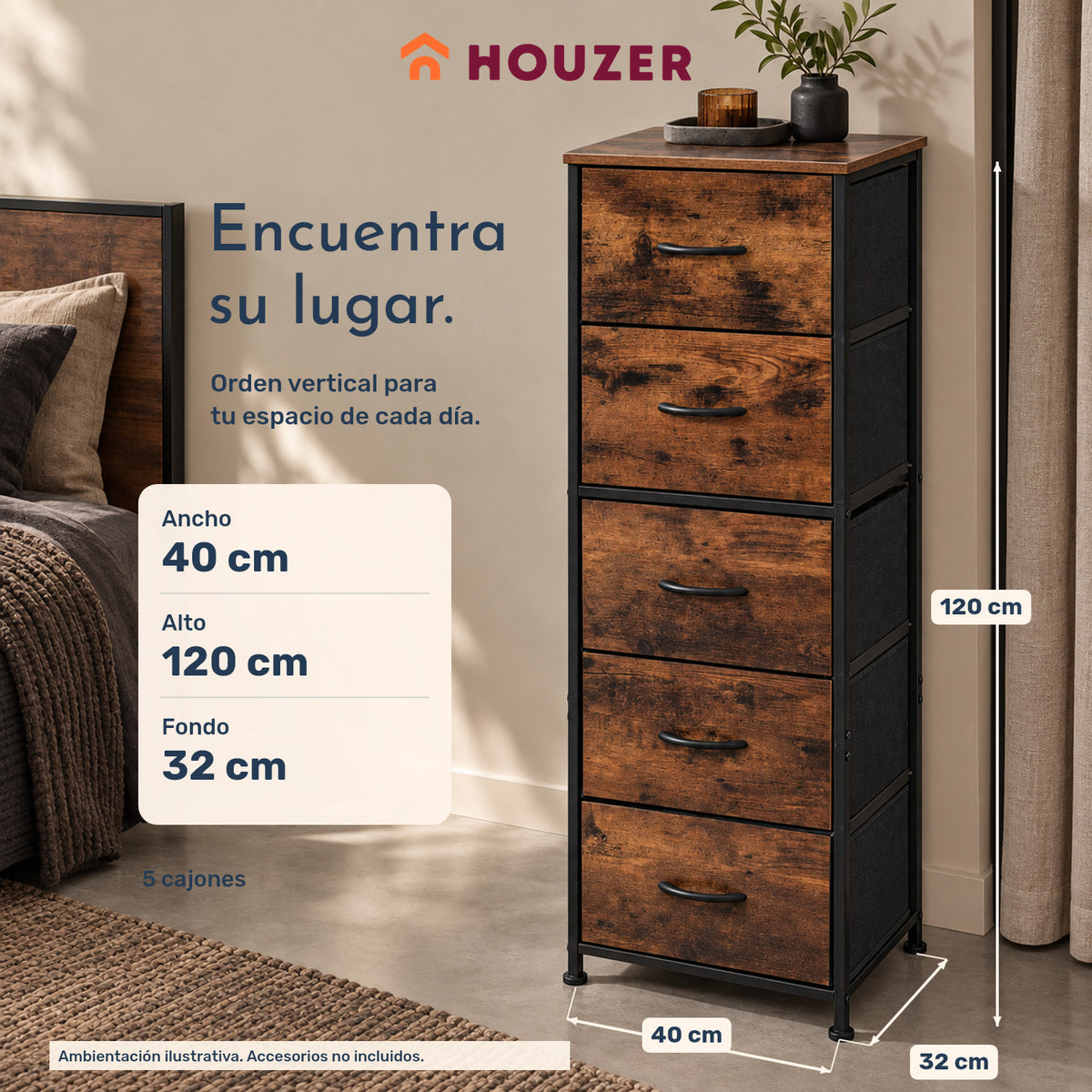 Comoda Cajonera Vertical 5 Cajones Acero Repisa Organizador Country