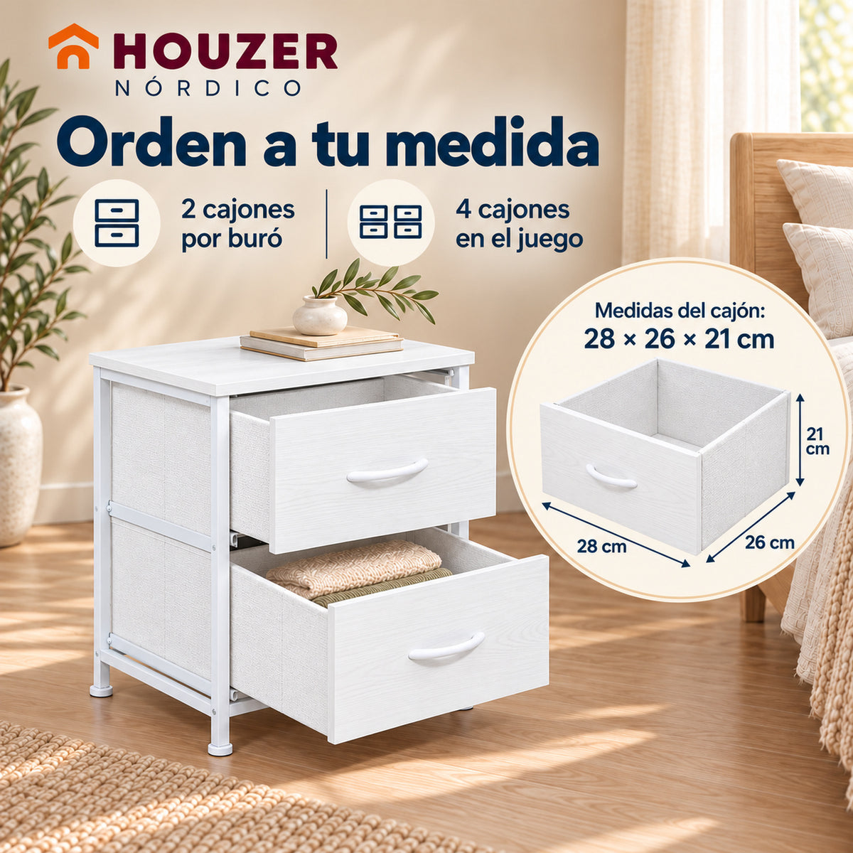 Set De 2 Buros Mesas De Noche 4 Cajones Organizador Acero Nordico