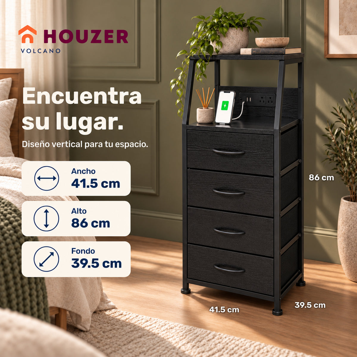 Buro Alto Mesa Noche 4 Cajones Organizador Enchufe Electrico Mate Volcano