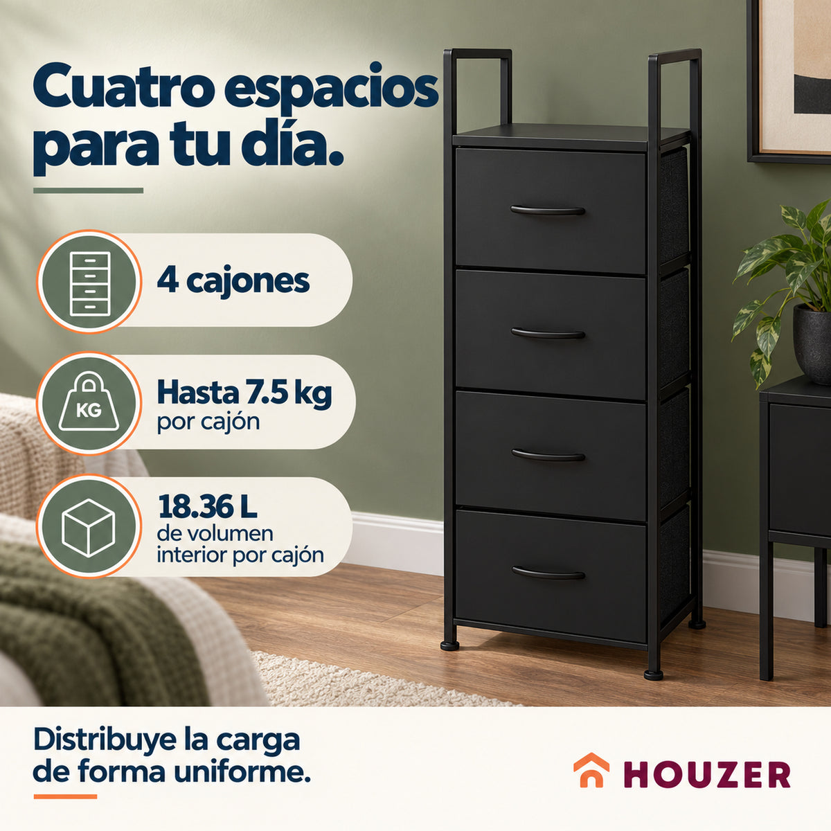 Comoda Cajonera Vertical 4 Cajones Organizador Ropa Recamara Volcano