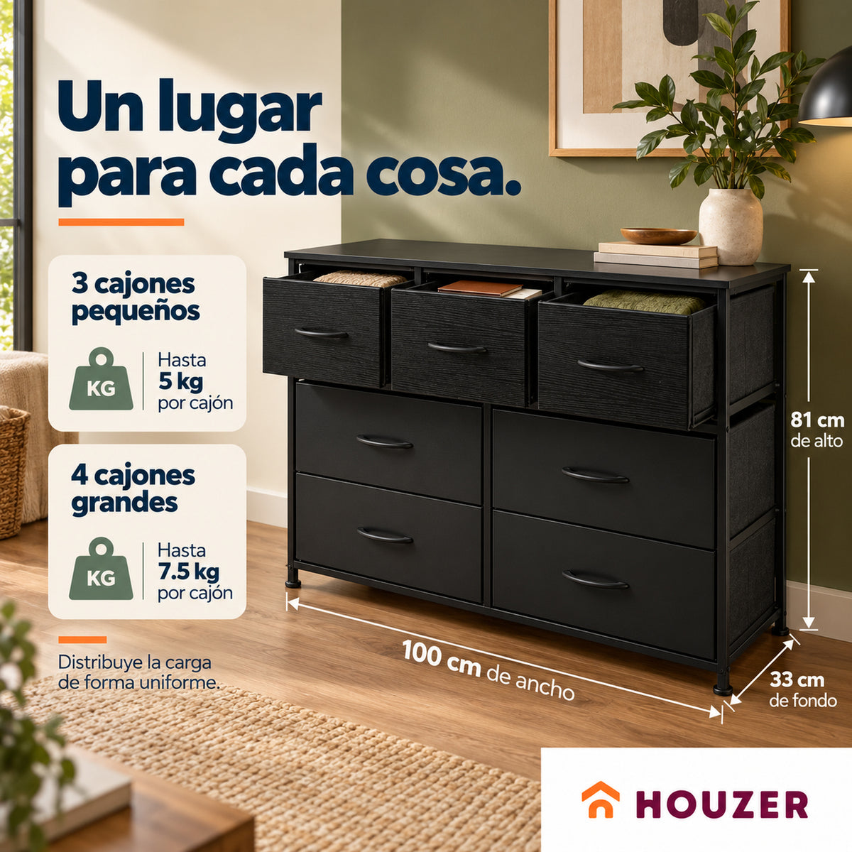 Comoda Cajonera Horizontal 7 Cajones Organizador Recamara Volcano