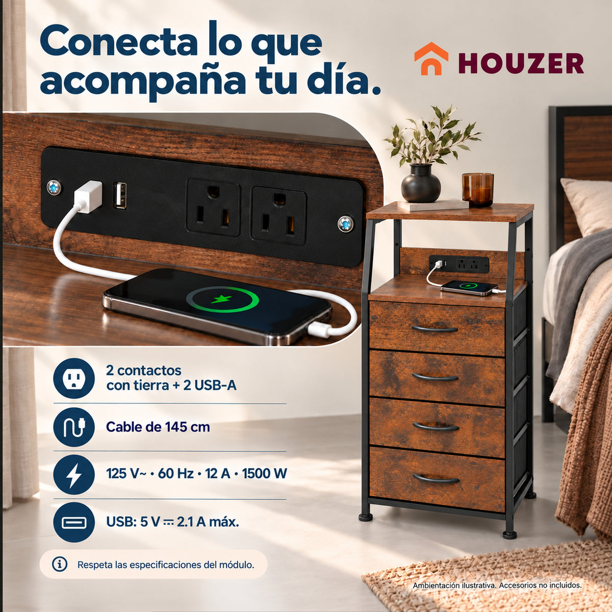 Buro Alto Mesa Noche 4 Cajones Organizador Enchufe Electrico Mate Country