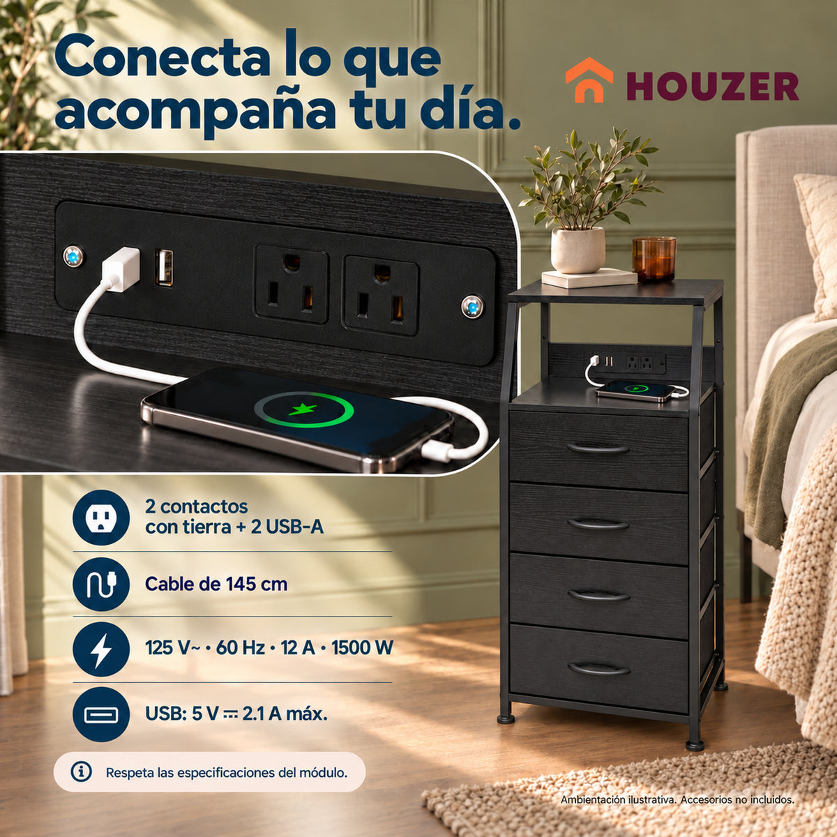 Buro Alto Mesa Noche 4 Cajones Organizador Enchufe Electrico Mate Volcano