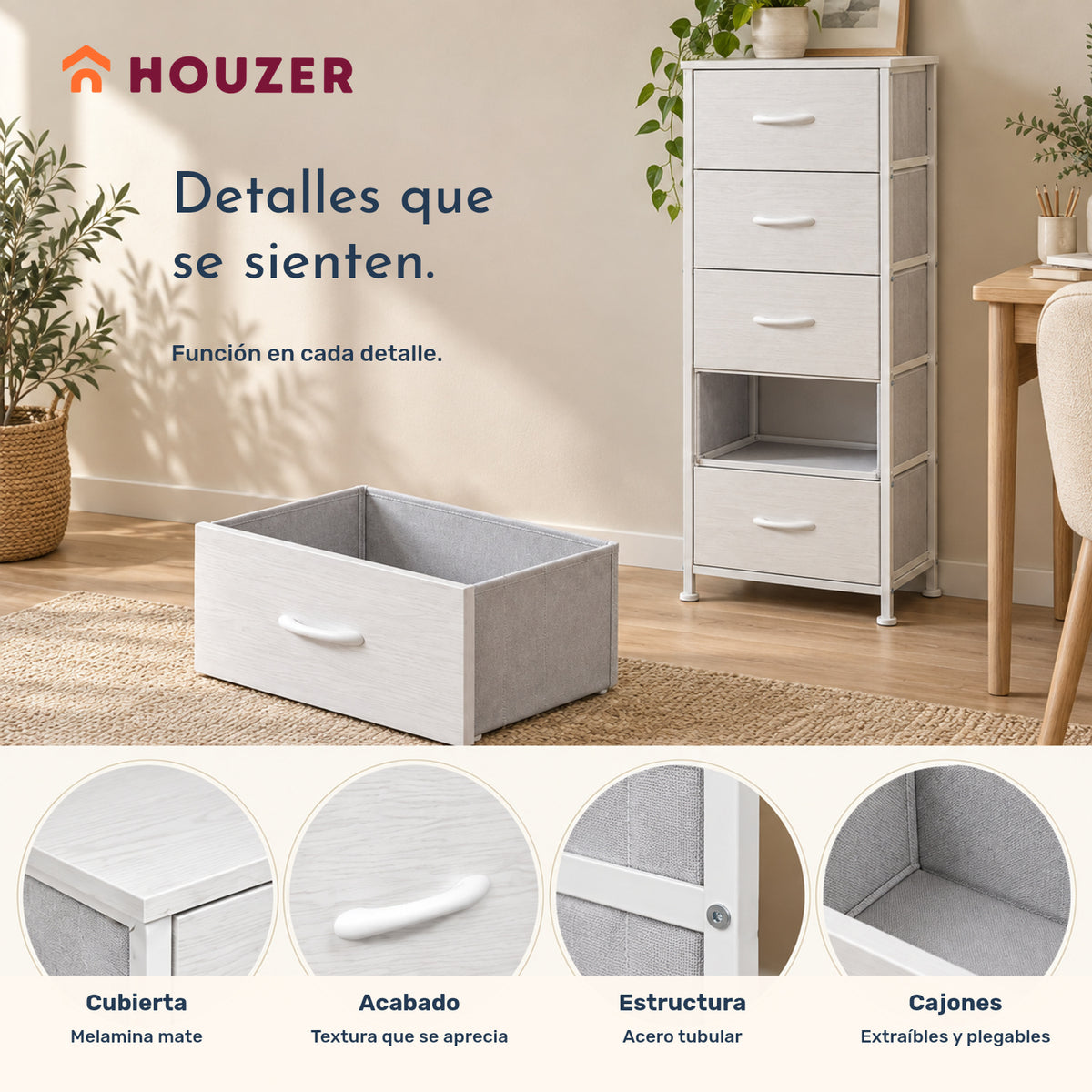 Comoda Cajonera Vertical 5 Cajones Acero Repisa Organizador Nórdico