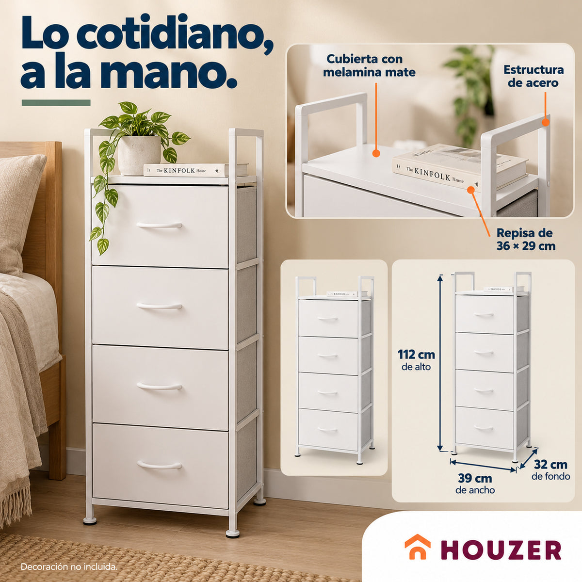 Comoda Cajonera Vertical 4 Cajones Organizador Ropa Recamara Nordico