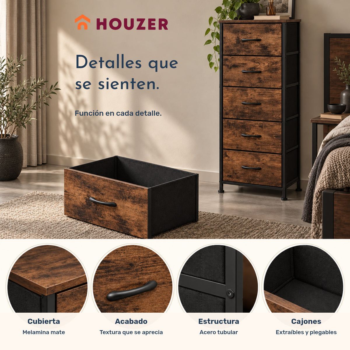 Comoda Cajonera Vertical 5 Cajones Acero Repisa Organizador Country