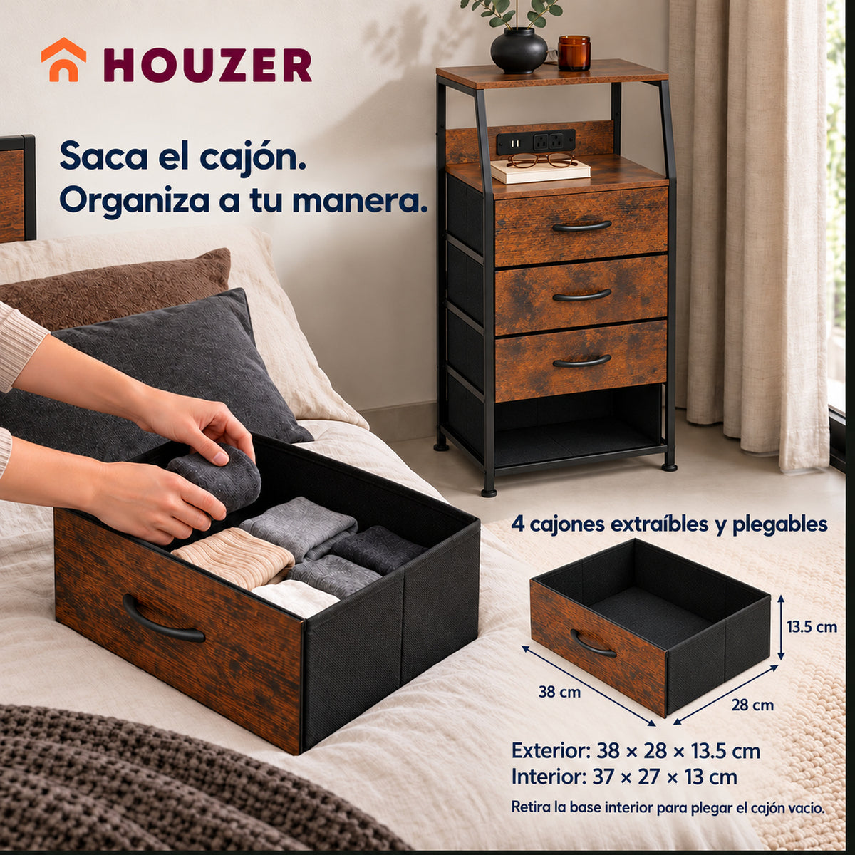 Buro Alto Mesa Noche 4 Cajones Organizador Enchufe Electrico Mate Country