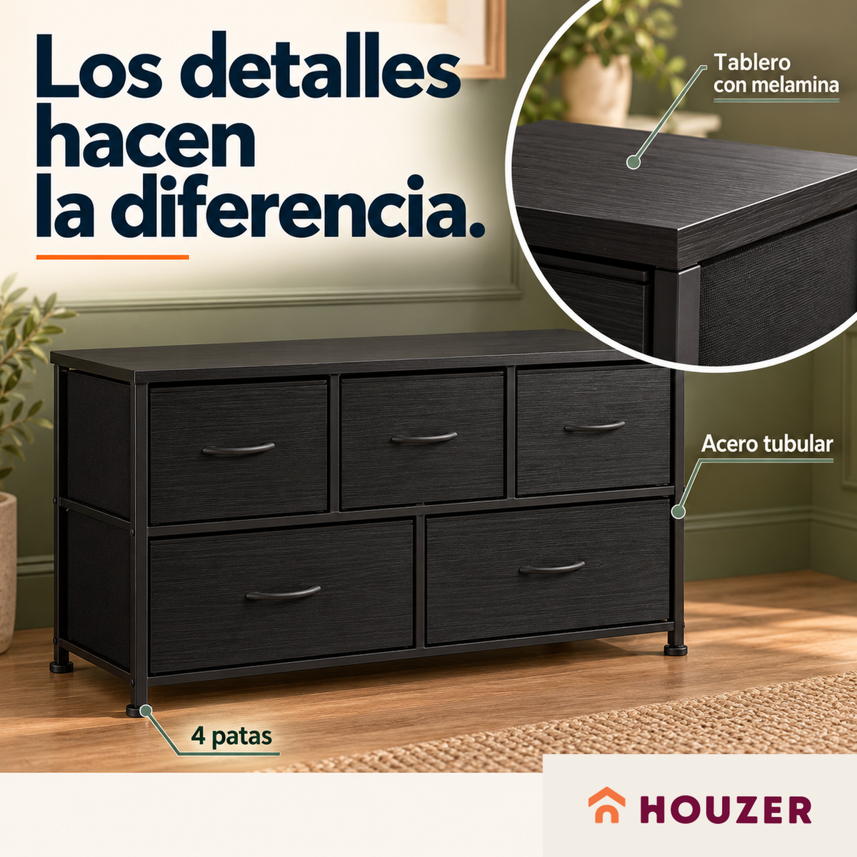 Comoda Cajonera Horizontal 5 Cajones Organizador Acero Volcano