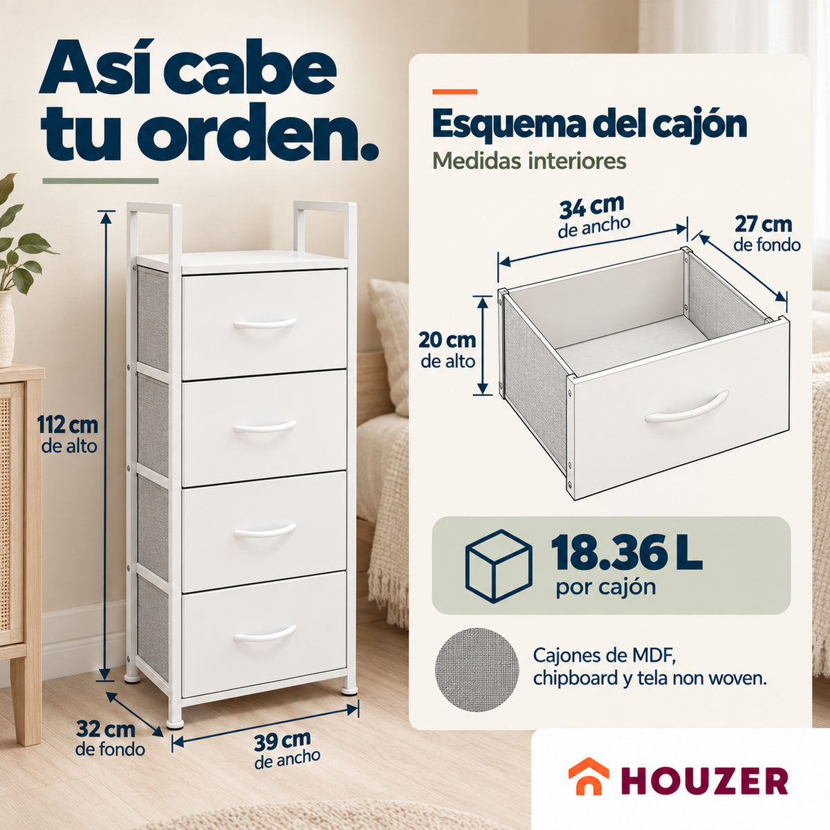 Comoda Cajonera Vertical 4 Cajones Organizador Ropa Recamara Nordico