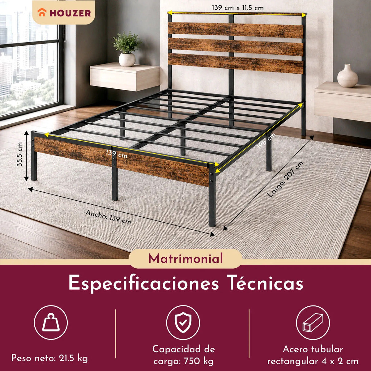 Base Cama Matrimonial Reforzada 750kg Cabecera Luz Led Usb C Marrón
