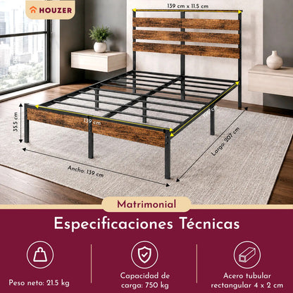 Base Cama Matrimonial Reforzada 750kg Cabecera Luz Led Usb C Marrón