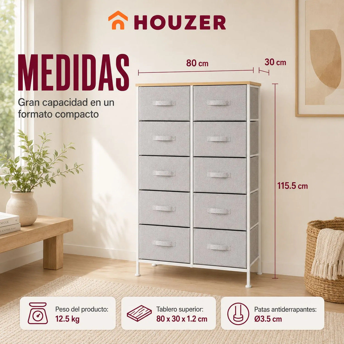 Comoda Cajonera 10 Cajones Estructura Acero Soporte 100 Kg Gris