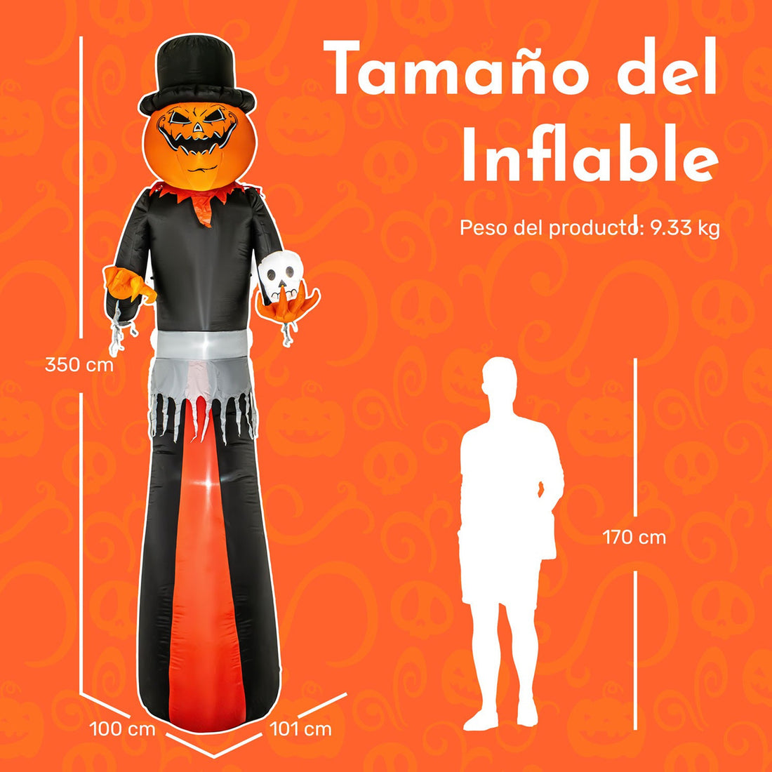 Inflable Halloween Gigante Hombre Calabaza 3.50m Luces Led