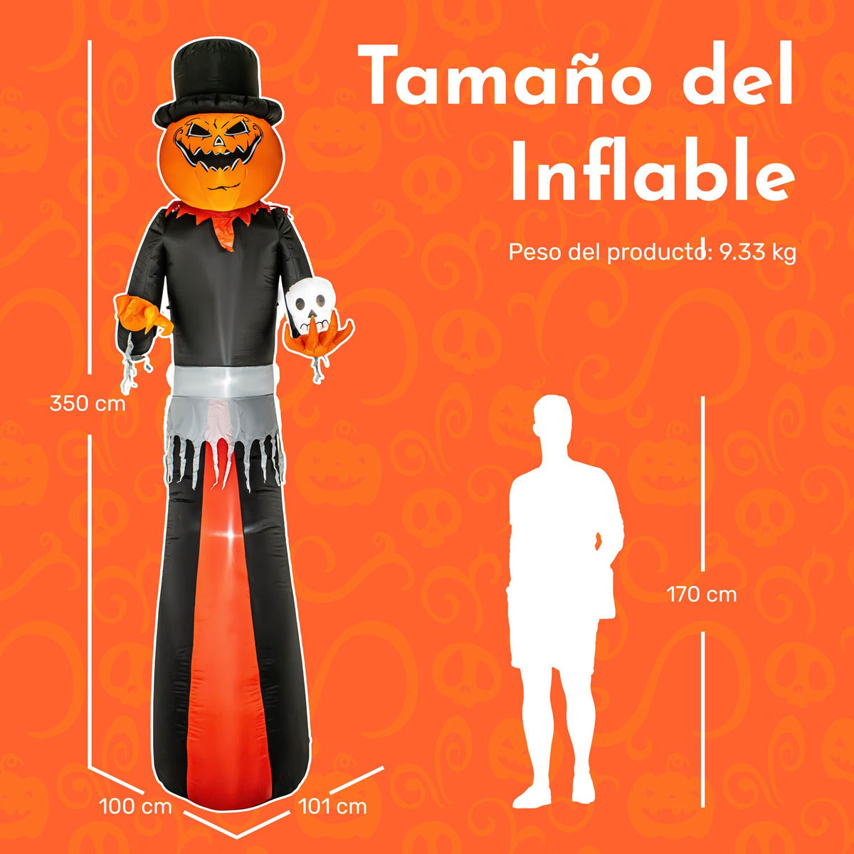 Inflable Halloween Gigante Hombre Calabaza 3.50m Luces Led