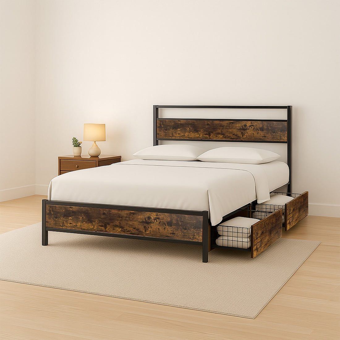 Base Cama Country Matrimonial Tipo Madera Cajones Metal