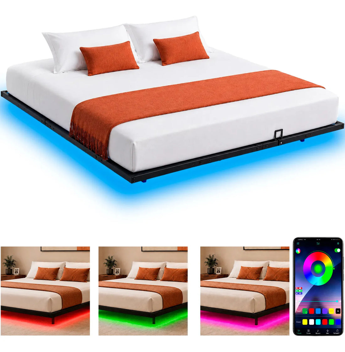 Base Cama Flotante Matrimonial Size Con Luces Led+app 191 Cm Negro