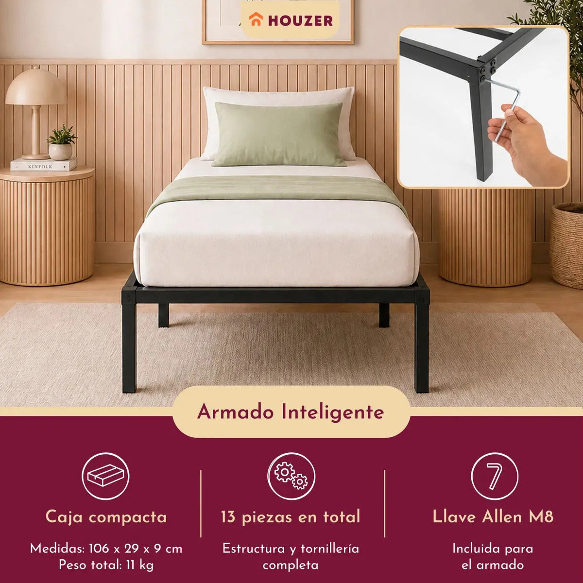 Base Cama Individual Plegable Acero Resistente 150kg Hogar Negro