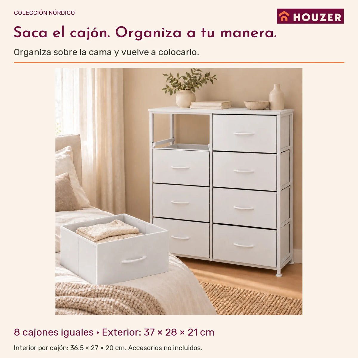 Comoda Cajonera Organizador Vertical 8 Cajones Acero Repisa Blanco