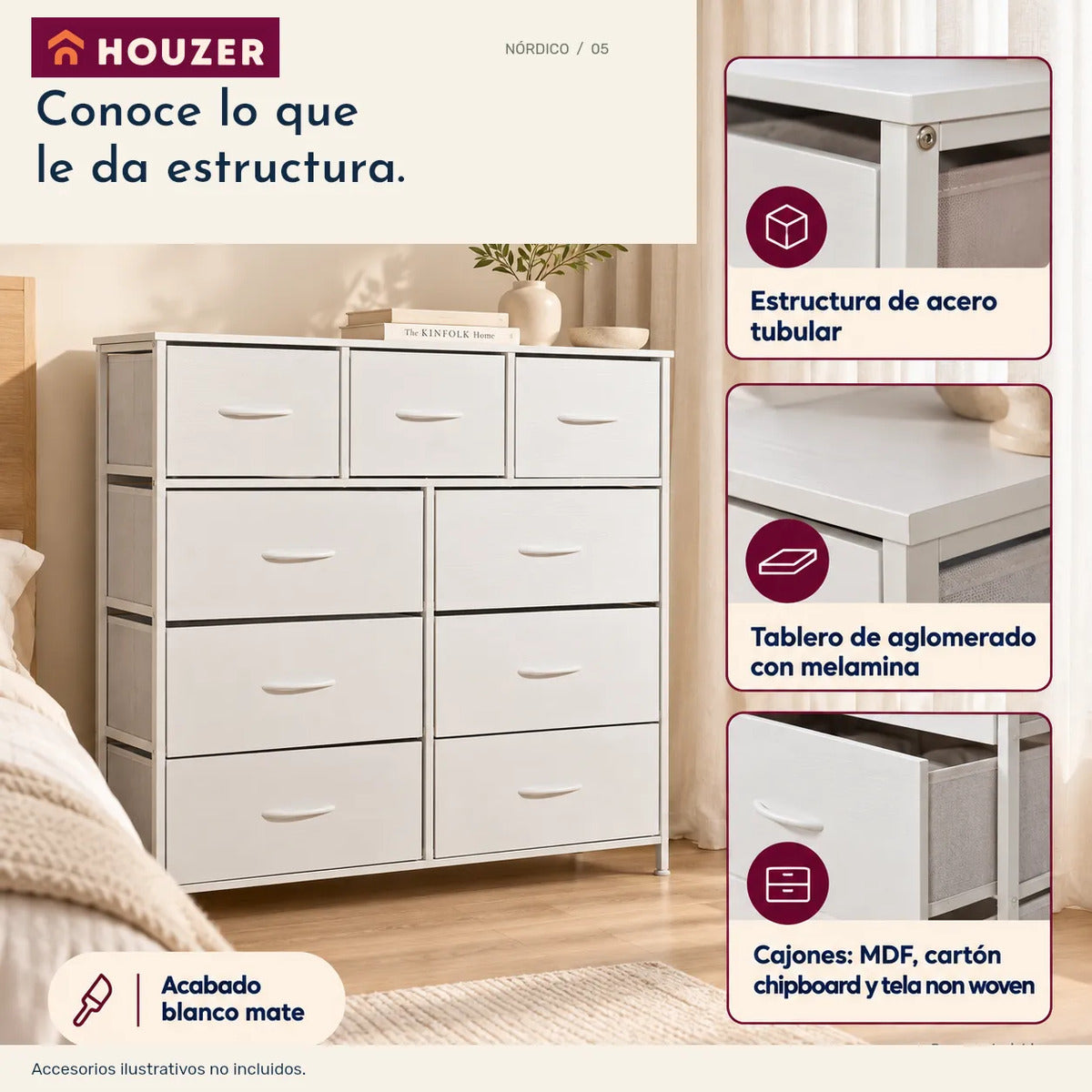Comoda Cajonera Vertical 9 Cajones Organizador Ropa Recamara Blanco