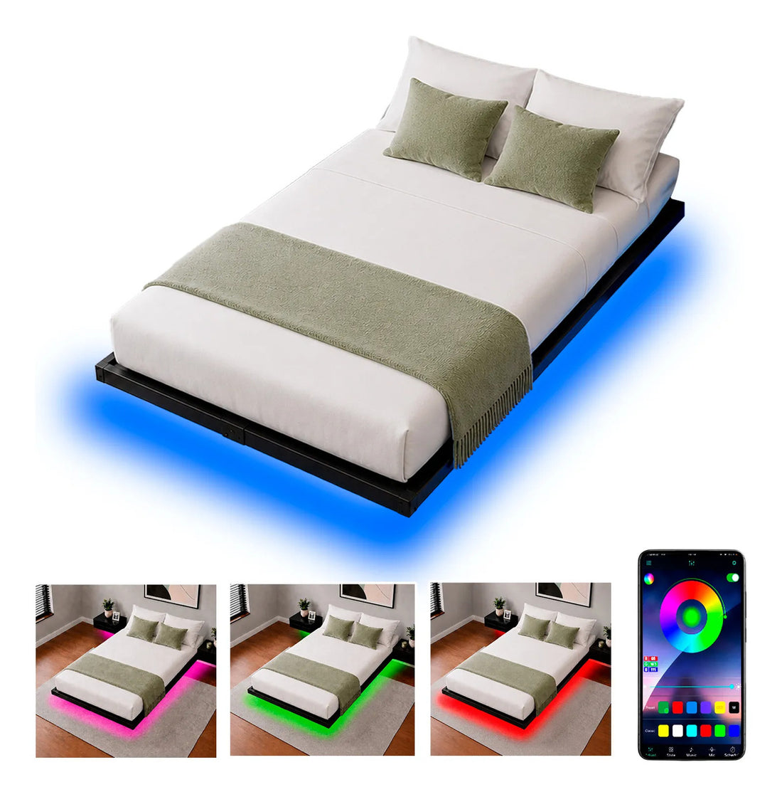 Base Cama Flotante Individual 300kg App Luz Led 190x99x20cm Negro