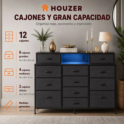 Comoda Cajonera 12 Cajones Tela Enchufes Usb Luz Led Rgb Negro