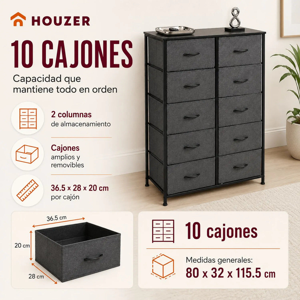 Comoda 10 Cajones Estructura Acero Cajonera Organizadora Gris