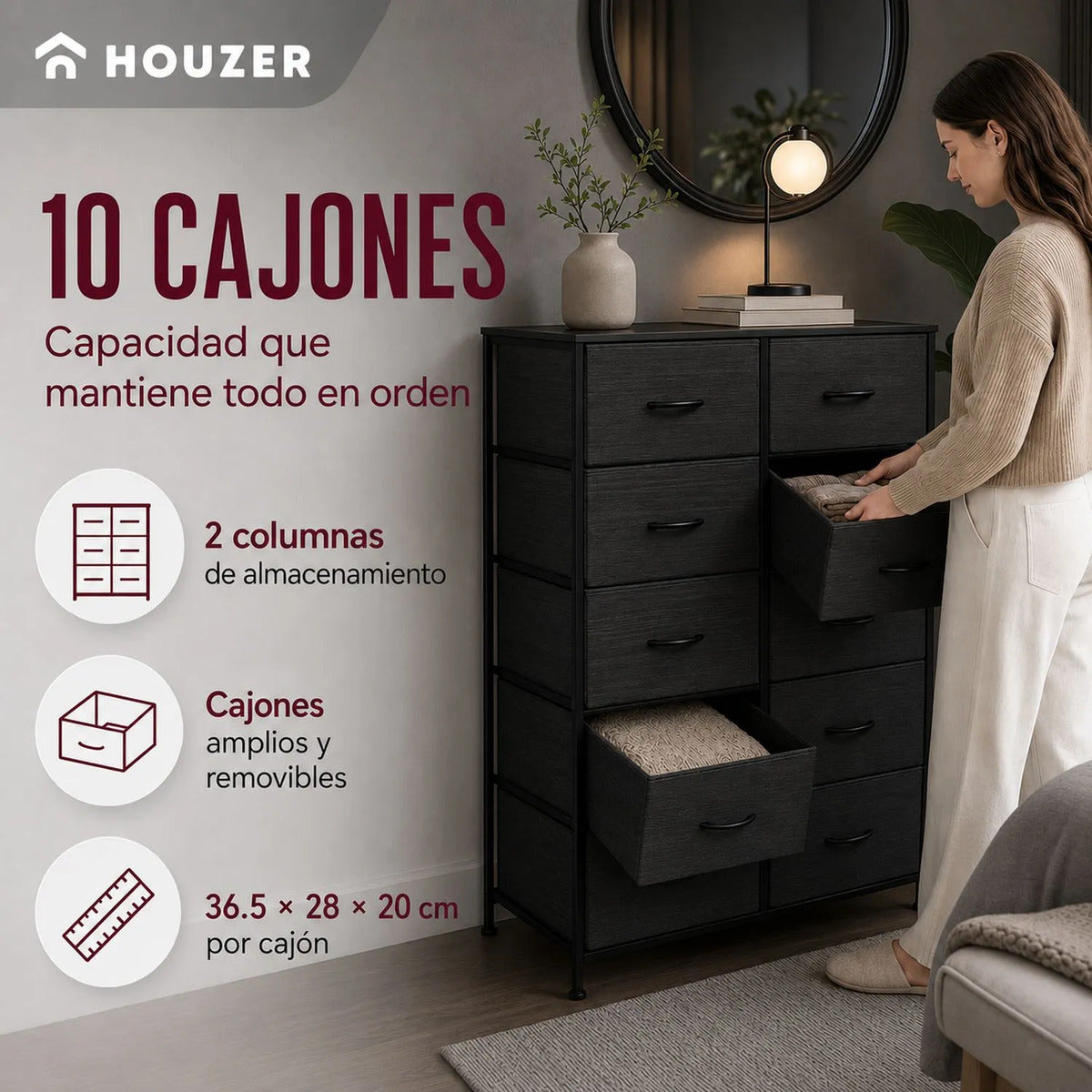 Comoda 10 Cajones Estructura Acero Cajonera Organizadora Negro