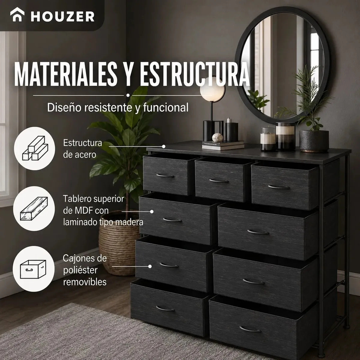 Comoda Cajonera 9 Cajones Tela Marco Acero Organizador Gris