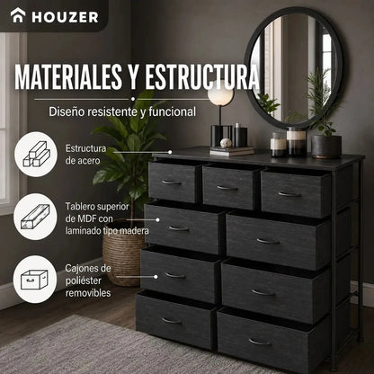 Comoda Cajonera 9 Cajones Tela Marco Acero Organizador Gris