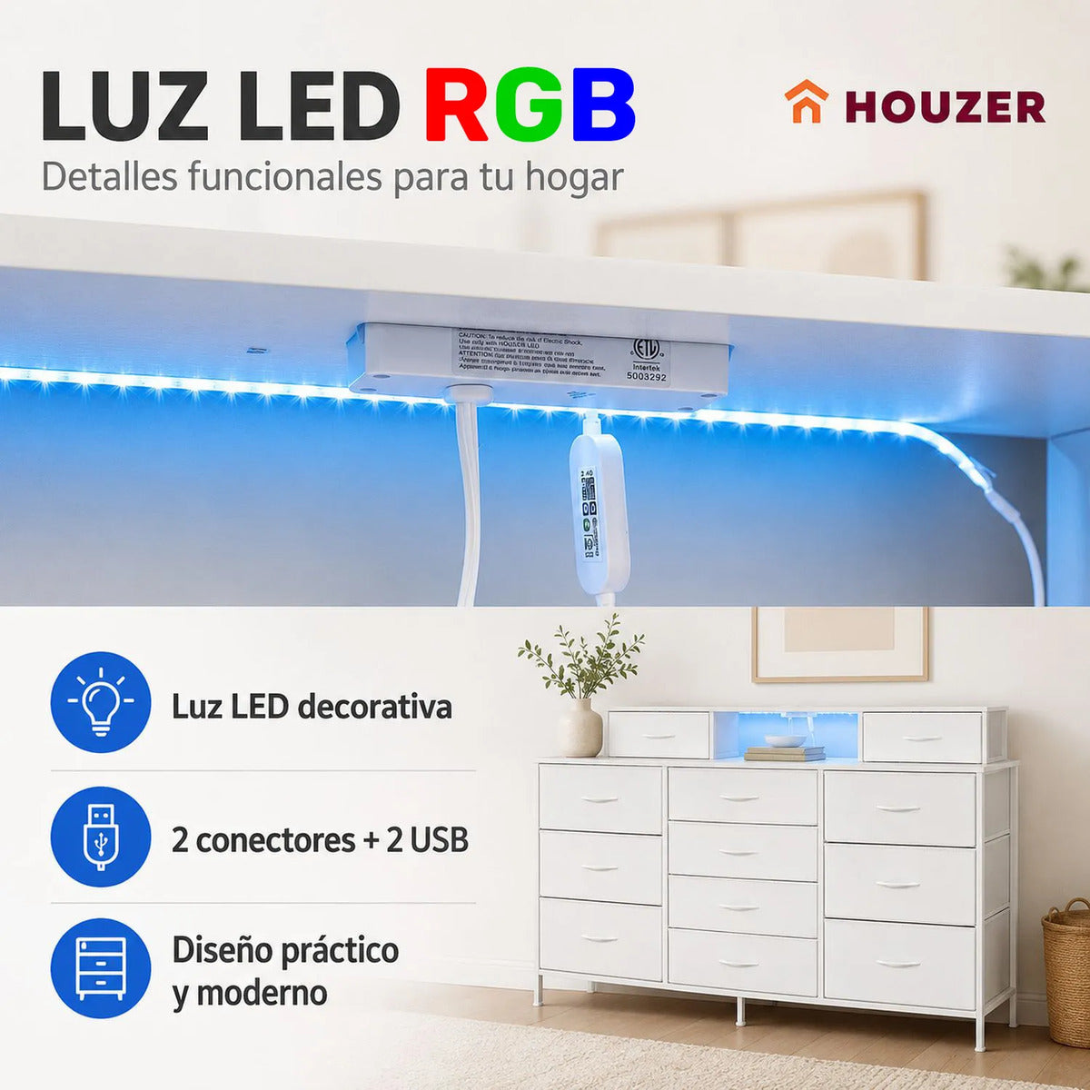 Comoda Cajonera 12 Cajones Tela Enchufes Usb Luz Led Rgb Blanco